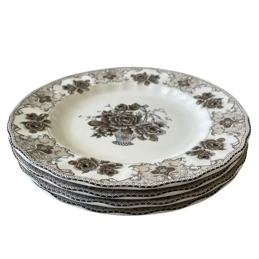 4pc Palate & Plate Victorian BROWN Rose Floral 10.5